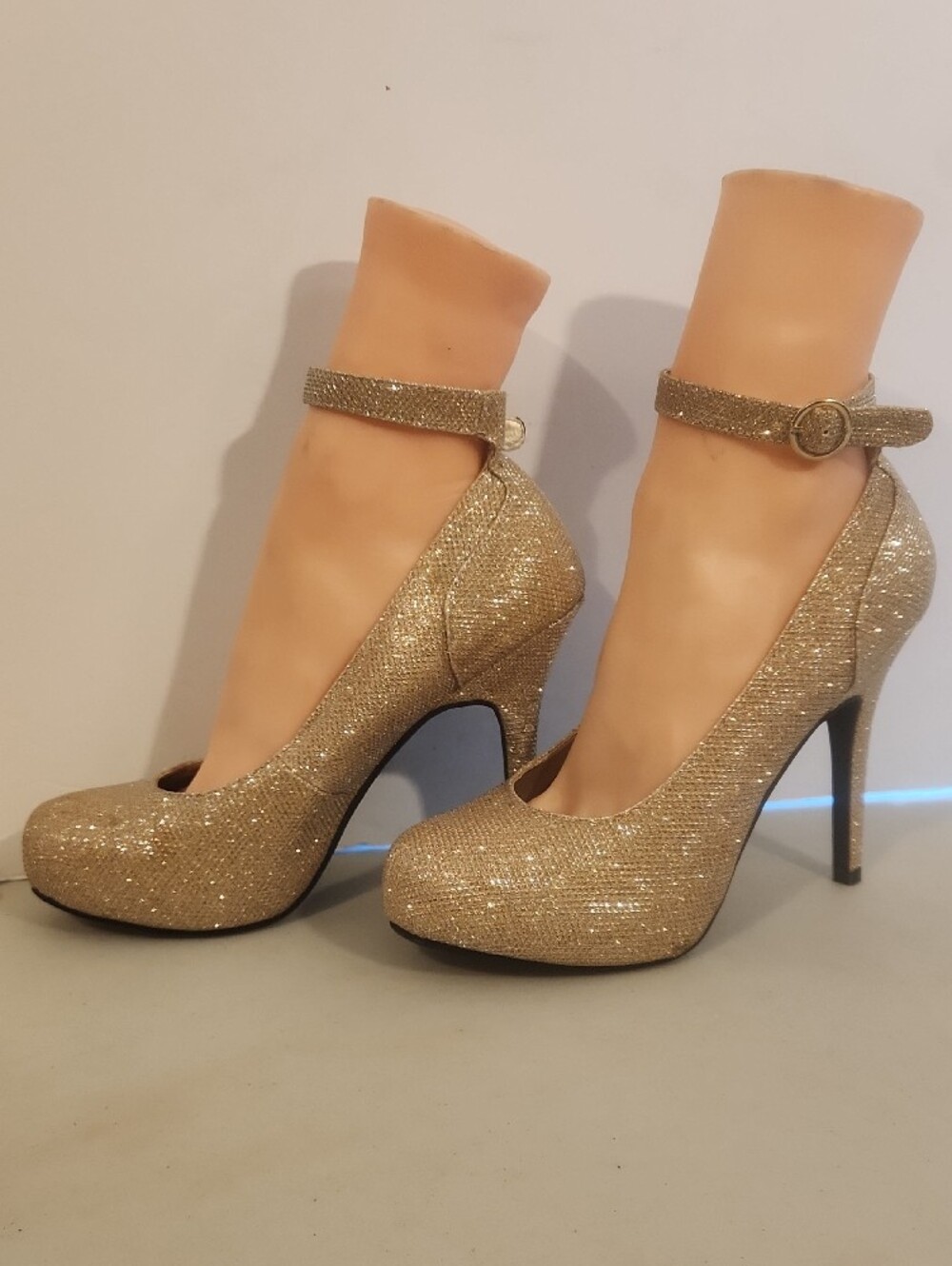 Madeline Glitter Ankle-Strap High Heels - Gold 5" Heel Size 9
